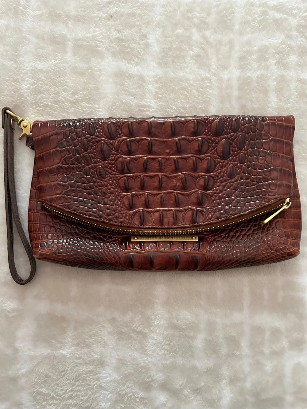 Brahmin Brown Croc-Embossed Leather Foldover Wristlet Clutch with Gold Hardware